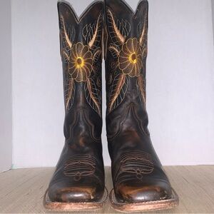 Alfa Square Toe Women’s 9.5 Leather Cowboy Boots Floral Embroidered Western